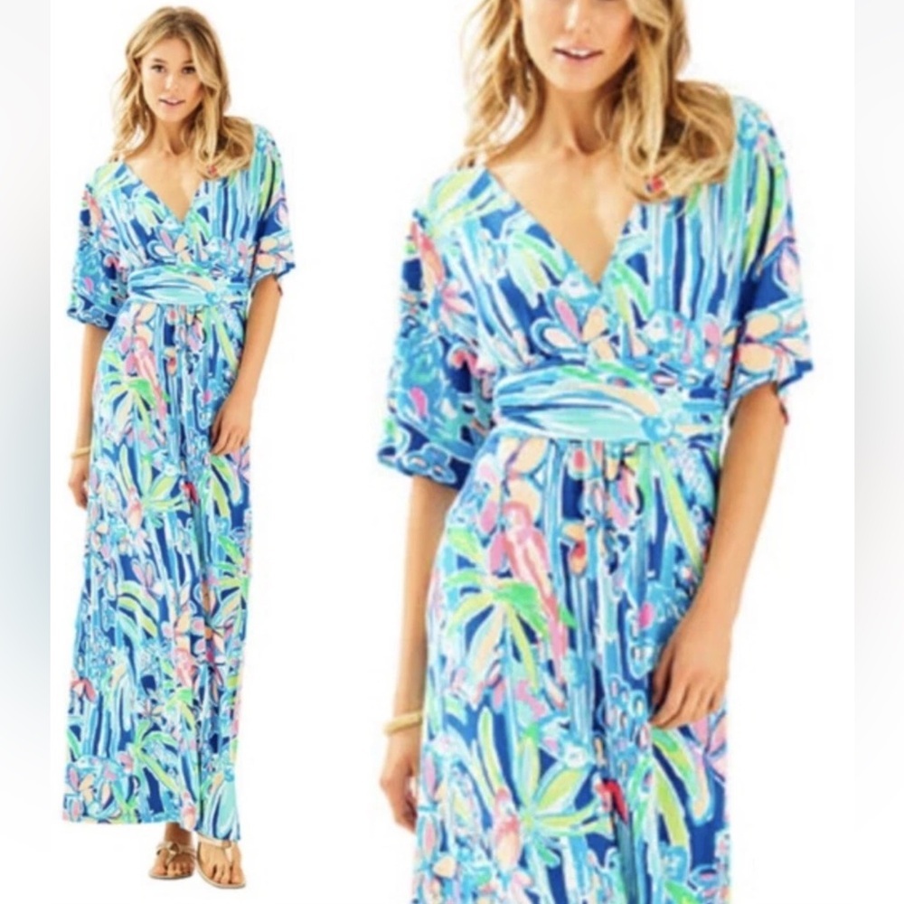 Lilly Pulitzer Parigi Maxi Pop Up Jungle Hoppin Floral Dress Womens XS Blue Pink